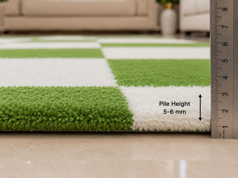 May include: A green and white checkered rug with a textured, tufted surface. A metal ruler is positioned vertically next to the rug, indicating a pile height of 5-6 mm. The rug features a repeating square pattern in alternating colors.