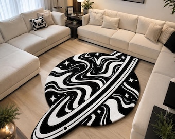 Tappeto astratto bianco e nero, tappeto moderno a spirale, tappeto di design contemporaneo, decorazione per soggiorno, tappeto in lana trapuntato a mano