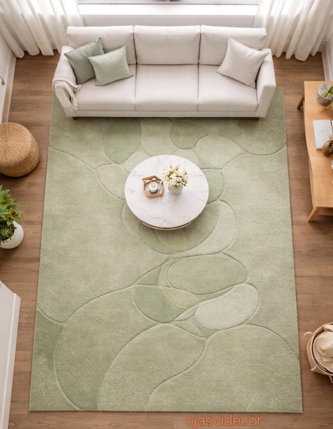 Modern Sage Green Tufted Rug, 3D Pebble Pattern Carpet, Handmade ...