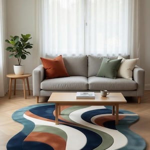 Irregular Shaped Wavy Area Rug, Mid Century Modern Retro Tufted Rug, Abstract Colorful Floor Mat for Living Room Bedroom, Unique Home Decor