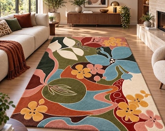 Colorful Floral Area Rug, Abstract Flower Rug, Modern Botanical Rug, Handmade Statement Carpet, Living Room Bedroom Decor