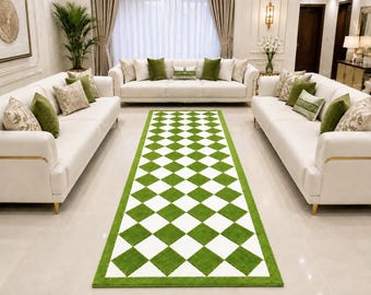 Green Ivory Rug, Geometric Diamond Runner, Modern Area Rug, Luxury Living Room Carpet, Handmade Style Rug, Custom Size Home Decor