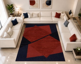 Tappeto geometrico moderno, tappeto astratto rosso blu navy, tappeto contemporaneo per soggiorno, tappeto di design realizzato a mano, decorazione per pavimenti di design