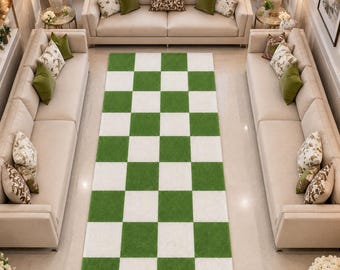 Tappeto a scacchiera verde, tappeto avorio, tappeto geometrico moderno, tappeto in lana fatto a mano, tappeto per soggiorno, tappeto a scacchiera contemporaneo