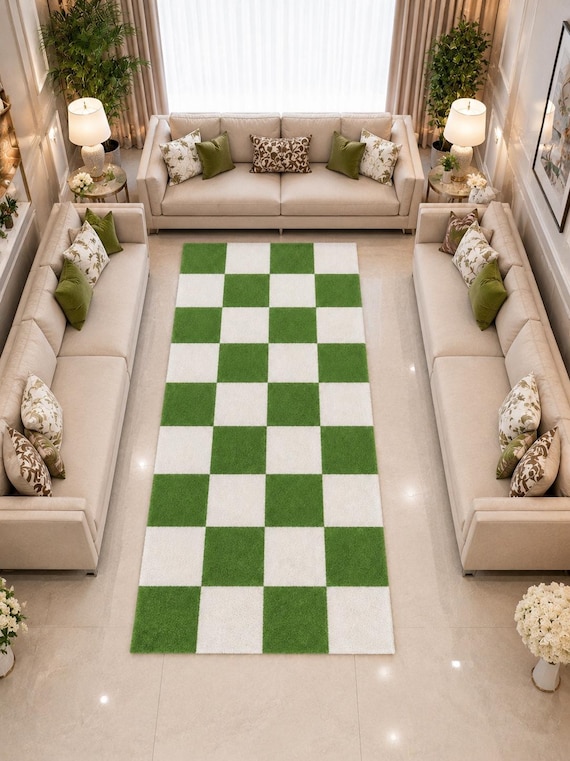 Green Checkerboard Rug, Ivory Area Rug, Modern Geometric Rug, Handmade Wool Rug, Living Room Rug, Contemporary Checker Rug