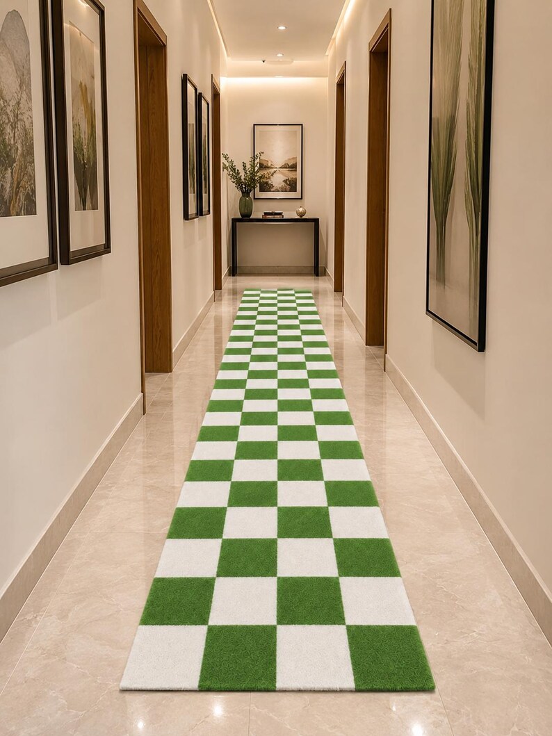 May include: A long rectangular runner rug featuring a repeating checkered pattern of alternating grass green and white squares. The rug is positioned centrally on a polished light-colored floor, extending from the foreground toward the back wall.