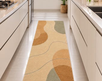 Tappeto passatoia moderno astratto in lana, tappeto passatoia neutro per cucina, tappeto beige, marrone e verde, tappeto contemporaneo per corridoio, decorazione per la casa fatta a mano