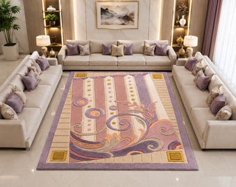 Tappeto di lusso trapuntato a mano, tappeto floreale rosa e viola, tappeto a pelo tagliato per soggiorno, elegante arredamento moderno per camera da letto, tappeto personalizzato
