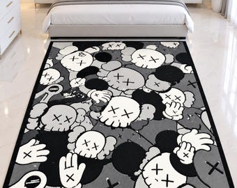 Tappeto con disegni animati in nero, grigio e bianco, tappeto moderno con grafica, tappeto artigianale di grande impatto, decorazione per camera da letto e soggiorno, tappeto artistico unico.