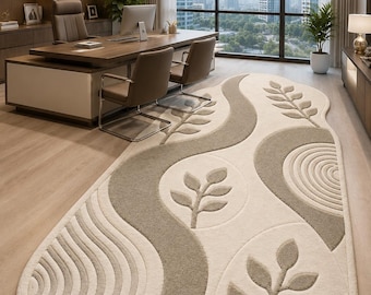 Tappeto astratto beige moderno, tappeto botanico, tappeto di lusso con trama, tappeto neutro per soggiorno, arredamento contemporaneo per ufficio.