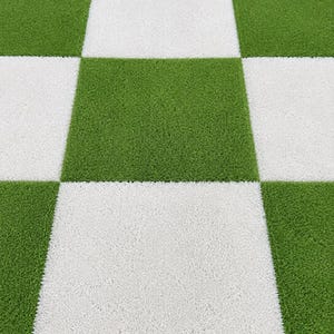 May include: A square-patterned rug featuring a repeating checkerboard design of alternating bright green and white textured squares. The surface has a short, dense pile that creates a uniform, grid-like appearance across the entire floor covering.