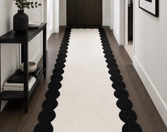 Scalloped Black and White Runner Rug, Modern Minimalist Hallway Carpet, Luxury Wool Tufted Entryway Decor, Custom Size Scallop Accent Rug