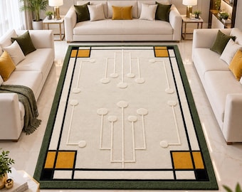 Tappeto moderno geometrico, avorio, nero, verde e oro, lussuoso tappeto per soggiorno, tappeto di design contemporaneo, elemento d'arredo di grande impatto.