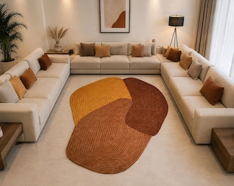 Tappeto in lana trapuntato a mano, tappeto astratto organico, tappeto color senape marrone, tappeto moderno per soggiorno, tappeto di design contemporaneo