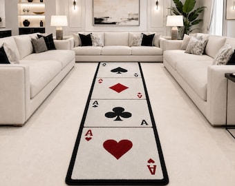 Tappeto con carte da gioco, tappeto con carte da poker, tappeto con asso, decorazioni da casinò, tappeto per sala giochi, passatoia con carte nere e rosse, decorazioni uniche per la casa