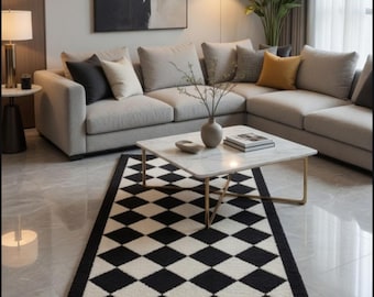 Black White Diamond Runner Rug, Hand Tufted Wool Hallway Rug, Modern Geometric Carpet, Entryway Runner, Custom Size Area Rug
