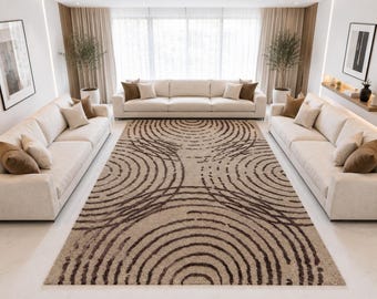 Tappeto moderno astratto, tappeto in lana trapuntato a mano, tappeto neutro beige e marrone, tappeto contemporaneo per soggiorno, grande tappeto di grande impatto.