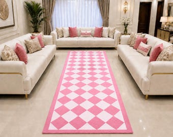 Tappeto a rombi rosa e bianchi, tappeto geometrico, tappeto moderno per soggiorno, tappeto per camera da letto, morbido complemento d'arredo, elemento d'arredo contemporaneo