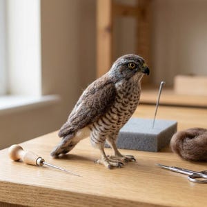May include: A needle-felted hawk figurine with brown and white mottled plumage, yellow eyes, and a dark beak. The craft project includes a wooden-handled felting needle, a grey foam block with a single needle, metal scissors, and brown wool.