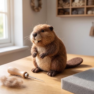 May include: A needle-felted beaver figurine with brown and cream-colored wool fibers, featuring prominent white teeth, small dark eyes, and a flat tail. A wooden-handled felting needle and a small tuft of loose brown wool are placed nearby.