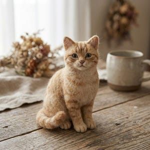 May include: A needle-felted ginger tabby cat figurine with textured orange and cream fur, pointed ears, and dark eyes. The cat is depicted in a seated position with its tail curled neatly around its side, showcasing detailed craftsmanship.