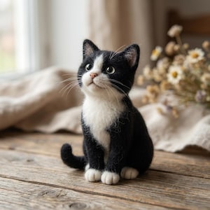 Può includere: Una statuetta di gatto in lana infeltrita nera e bianca con petto, zampe e muso bianchi. Il gatto ha grandi occhi scuri, un piccolo naso rosa e lunghi baffi bianchi, seduto in posizione eretta con la coda curva rivolta verso la parte anteriore.