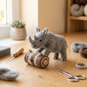 Gray Baby Rhinoceros with Wood Log Needle Felting Kit | Beginner Friendly Wildlife Animal Craft (DIY)