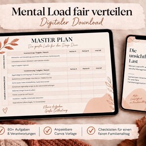 Peut inclure: Une tablette numérique et un smartphone affichant un planificateur de tâches en allemand intitulé Master Plan. L'écran présente un tableau pour suivre les responsabilités ménagères entre deux partenaires, orné de graphiques beige et feuilles.