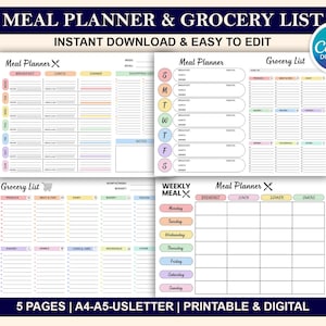 May include: A multi-page meal planner and grocery list printable. The pages include sections for breakfast, lunch, dinner, and snacks, with a shopping list and notes section. The design is colorful with pastel hues and the text "Meal Planner & Grocery List".