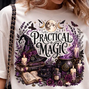 Häxig PNG, Praktisk Magisk Kittel Svart Katt Spellbook Ljus, Lila Mystisk Måne Halloween Tröja Sublimering Tumbler Digital Nedladdning