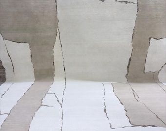 Modern Abstract Patchwork Hand-Tufted Carpet in Neutral Beige & Ivory Tones”