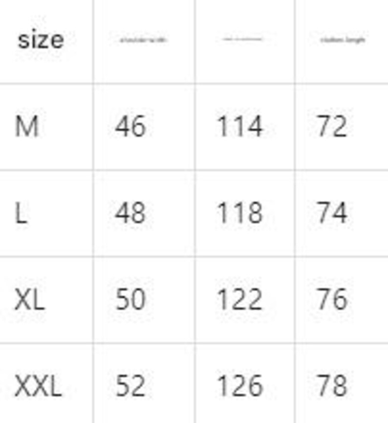 May include: A white table displaying a size chart for clothing. The chart includes sizes M, L, XL, and XXL, with corresponding measurements for shoulder width, chest, and clothing length in centimeters.