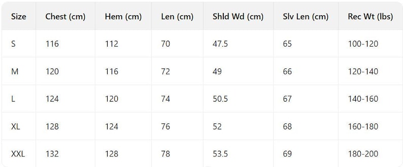 May include: A white table displaying a size chart for clothing. The chart includes measurements in centimeters for chest, hem, length, shoulder width, and sleeve length, along with recommended weight in pounds for sizes S through XXL.