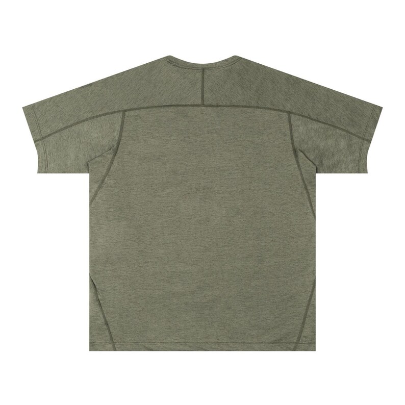 May include: Olive green t-shirt with a crew neck and short sleeves. The shirt has a textured appearance and features stitching details along the shoulders and sleeves. The back of the shirt is visible, showcasing the design.