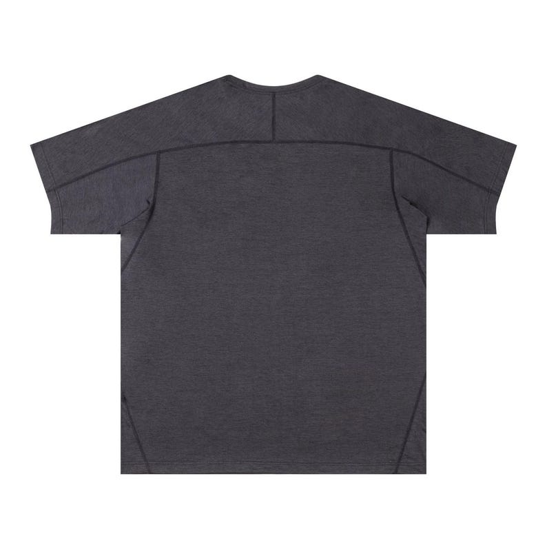 May include: Dark gray t-shirt with a crew neck and short sleeves. The shirt features visible stitching details along the shoulders, sleeves, and back. The fabric has a textured appearance.
