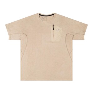 May include: Beige short-sleeved shirt with a small, light-colored pocket on the chest. The shirt has a crew neck with a black trim and a subtle, textured appearance. The pocket features a zipper and a small logo.