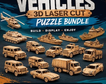 3D Laser Cut Vehicle Models Bundle, Wood Car, Tank, Helicopter, Ship Files (SVG Download)