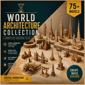 Op de afbeelding: Een collectie van lasergesneden houten architecturale modellen van iconische wereldmonumenten. De set bevat miniatuurreplica's van de Eiffeltoren, de Big Ben, het Colosseum en het Vrijheidsbeeld, aangeboden als digitale ontwerpbestanden.