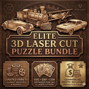 以下が含まれることがあります： 木製の3Dレーザーカットパズルバンドル。クラシックな車両とモデルが特徴です。画像には、電車、飛行機、2台の車が写っています。「ELITE 3D LASER CUT PUZZLE BUNDLE」と書かれています。追加のテキストには「CURATED VARIETY CLASSIC VEHICLES & MODELS」が含まれています。
