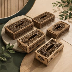 Elegante funda de madera para caja de pañuelos (archivos SVG/para corte láser, Glowforge, CNC)
