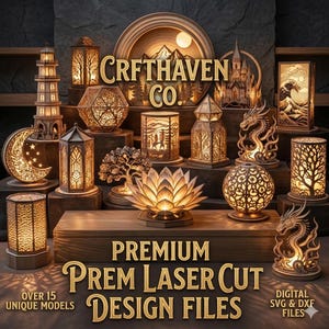 May include: A collection of laser-cut wooden lanterns and decorative items, including a lighthouse, castle, and dragon. The designs are illuminated, showcasing intricate patterns. The text "CRFTHAVEN CO." and "PREMIUM PREM LASER CUT DESIGN FILES" are displayed.