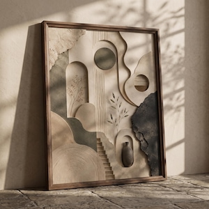 May include: A framed wall art piece featuring a textured, multi-layered composition in neutral tones of beige, cream, and dark charcoal. The design includes abstract geometric shapes, arched alcoves, a staircase, and botanical line drawings.