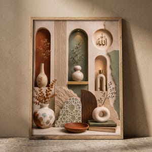 Op de afbeelding: Een ingelijst wandkunstwerk met een gelaagde compositie van boogvormige nissen, gestructureerde stenen panelen en diverse keramische vazen. De display bevat gedroogde botanische stengels, een brandende kaars, boeken en de Arabische kalligrafie voor Allah.