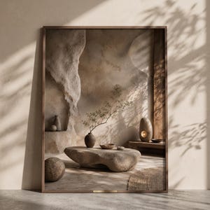 Pode incluir: Uma impressão de arte de parede emoldurada apresentando uma cena interior em tons neutros com uma mesa de centro de pedra lisa, um vaso de cerâmica escura com um ramo delicado, uma escultura de pedra esférica e elementos de parede rochosos.
