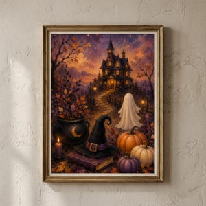 May include: A framed wall art print depicting a spooky scene with a haunted house on a hill, a white ghost, a black witch hat on a book, a cauldron with a crescent moon, and orange and purple pumpkins under a starry twilight sky.