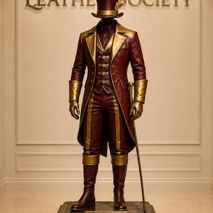 May include: A mannequin wearing a burgundy and gold leather ensemble, including a top hat with a feather, a long coat, a vest, trousers, gloves, and boots. The figure holds a cane and stands on a base labeled Royal Burgundy / Gold.