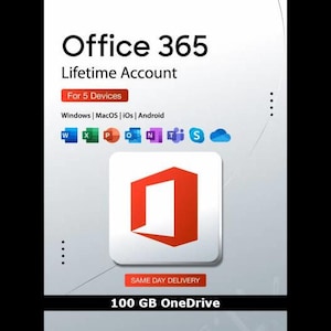 Może przedstawiać: Grafika produktu cyfrowego dla dożywotniego konta Office 365 na 5 urządzeń. Wymienia kompatybilność z systemami Windows, MacOS, iOS i Android, wyświetla ikony aplikacji, duże czerwone logo Office oraz tekst 100 GB OneDrive.
