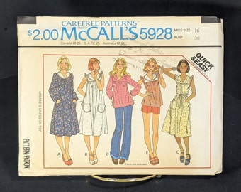 McCall's 5928 misses' dress or top yoked has collar zipper in back patch pockets optional tie belt size 16 bust 38