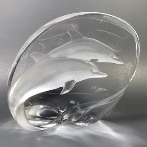 Mats Jonasson crystal dolphins paperweight art glass scandinavian from Sweden signed