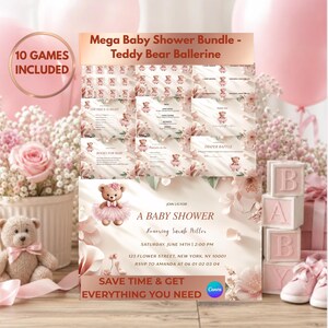 Peut inclure: Un ensemble pour une baby shower sur le thème de l'ourson ballerine. L'ensemble comprend 10 jeux et comprend des invitations, des jeux et des décorations. La palette de couleurs est rose pâle et blanc, avec des accents floraux et le texte "A Baby Shower".